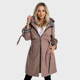 Hooded zip-up coat with plaid inner hood, drawcord waist, side pockets, taupe-brown.