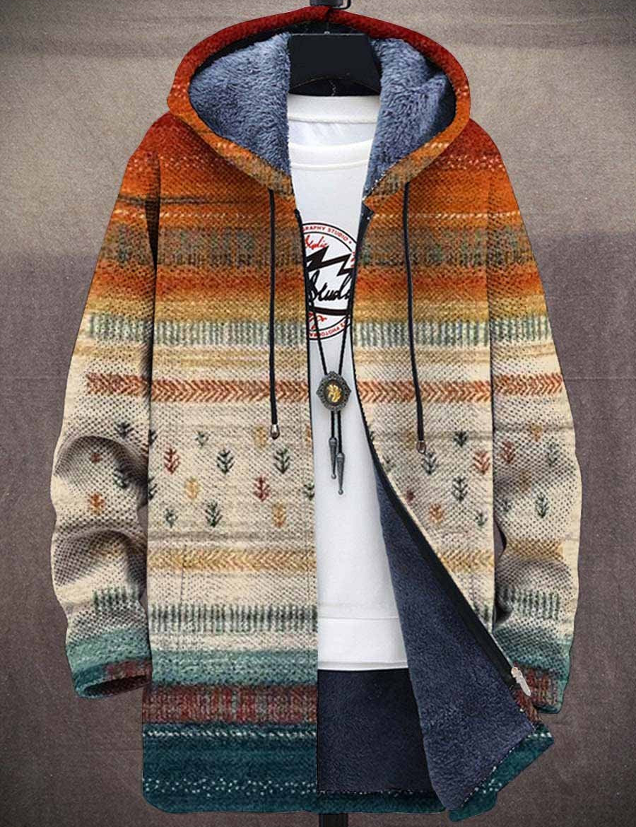 Multicolor patterned hooded cardigan with drawstring, open front, long sleeves