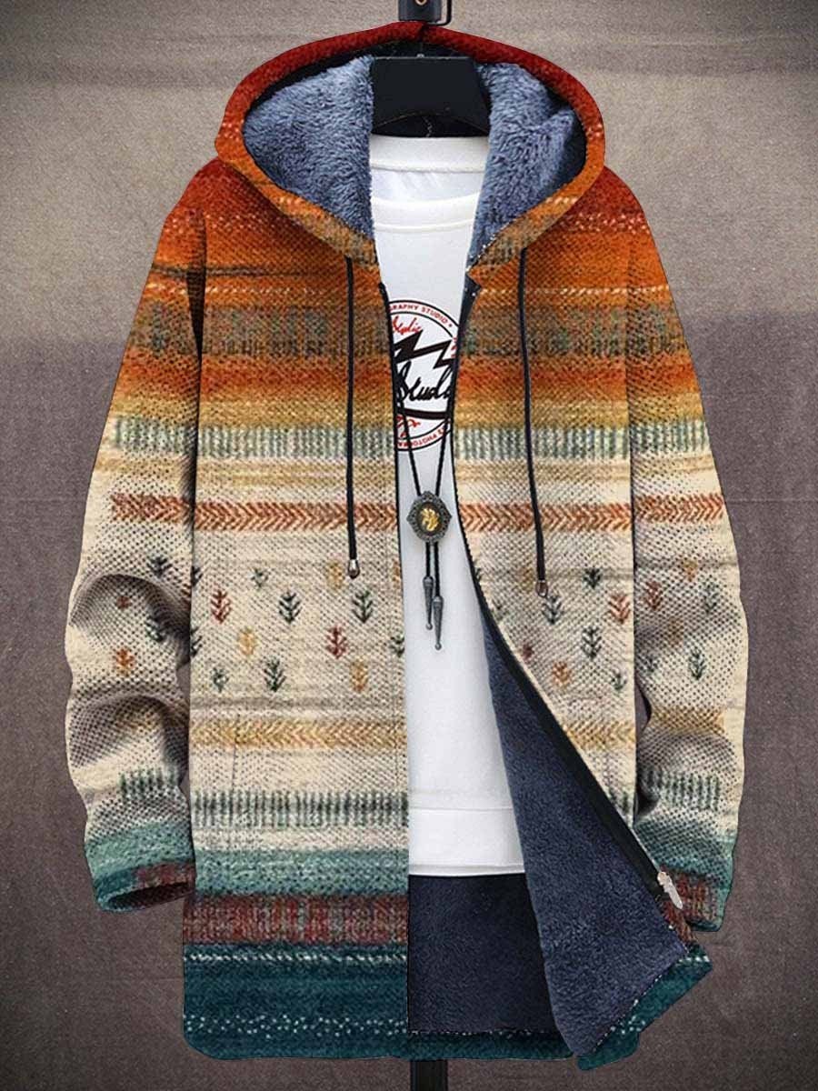 Multicolor patterned hooded cardigan with drawstring, open front, long sleeves