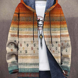 Multicolor patterned hooded cardigan with drawstring, open front, long sleeves