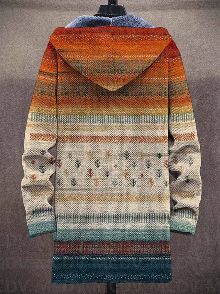Multicolor patterned hooded cardigan, full back view, long sleeves