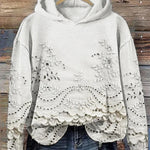 White hoodie with floral embroidered eyelet lace hem and scalloped front panel