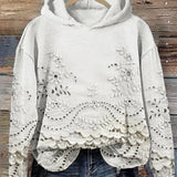 White hoodie with floral embroidered eyelet lace hem and scalloped front panel