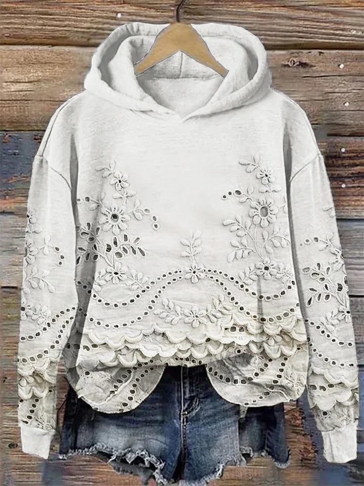 White hoodie with floral embroidered eyelet lace hem and scalloped front panel