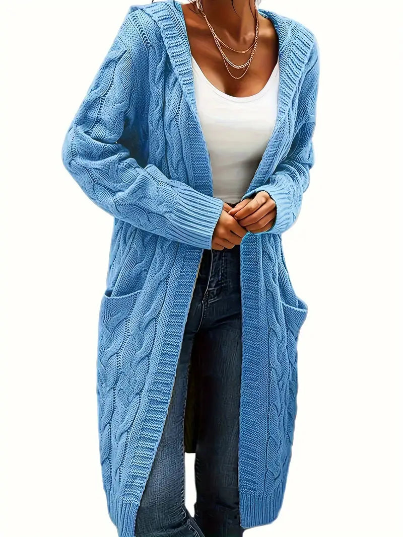 Women’s longline cable knit cardigan in light blue, open front with shawl collar
