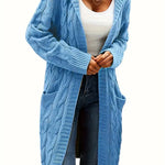 Women’s longline cable knit cardigan in light blue, open front with shawl collar