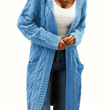 Women’s longline cable knit cardigan in light blue, open front with shawl collar