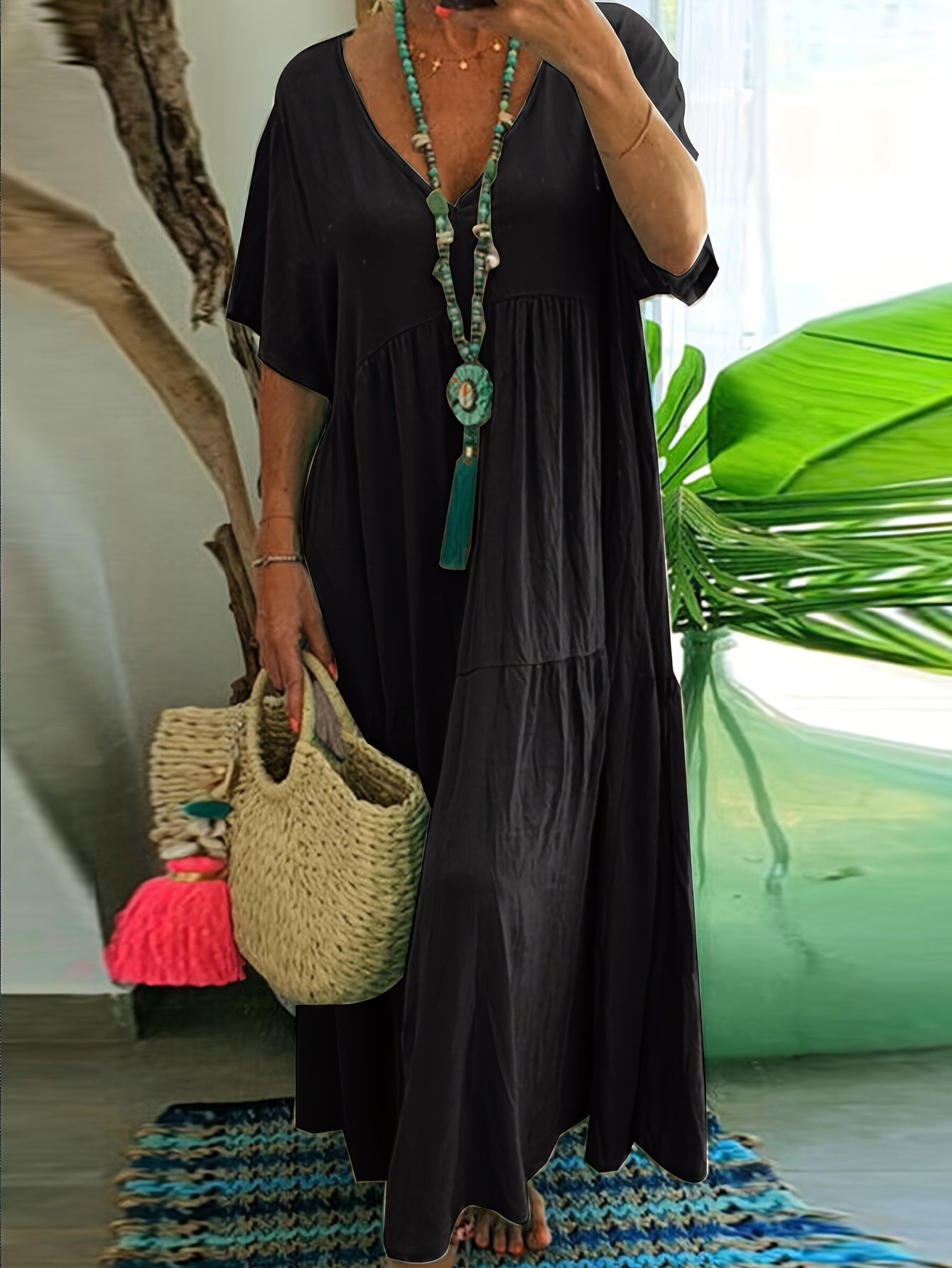 Plus size tummy control tiered ruffle maxi dress, black, short sleeves, V-neck