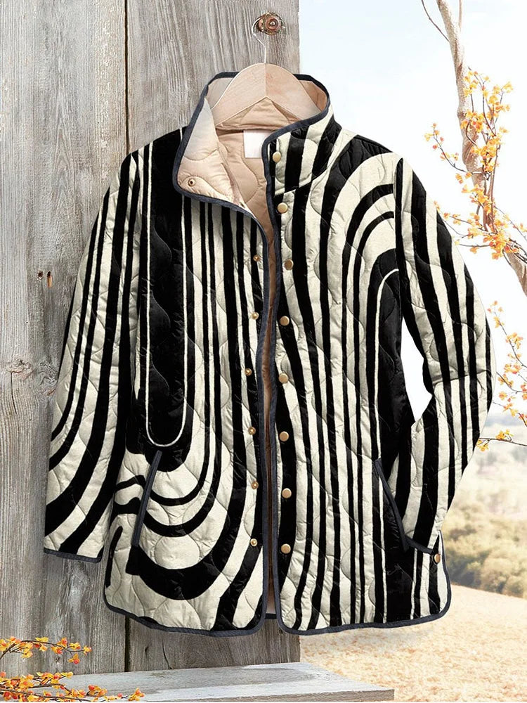 Women's quilted casual jacket with black and white wavy stripe geometric pattern, snap front