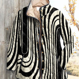 Women's quilted casual jacket with black and white wavy stripe geometric pattern, snap front