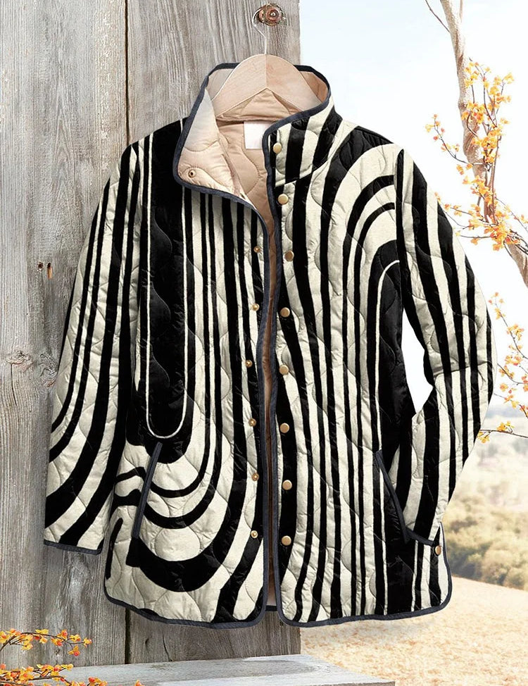Women's quilted casual jacket with black and white wavy stripe geometric pattern, snap front
