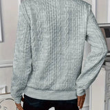 Women\u2019s back view half-zip cable-knit pullover sweater in light gray, long sleeves