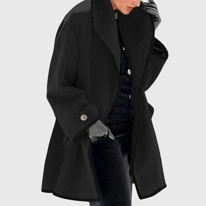 Maria™ black fleece jacket with black trim, open front, long sleeves, button cuff