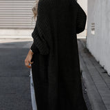 Black long knit cardigan with open front, long sleeves, and side pockets
