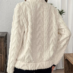 White fuzzy quarter-zip pullover, full back with textured pattern