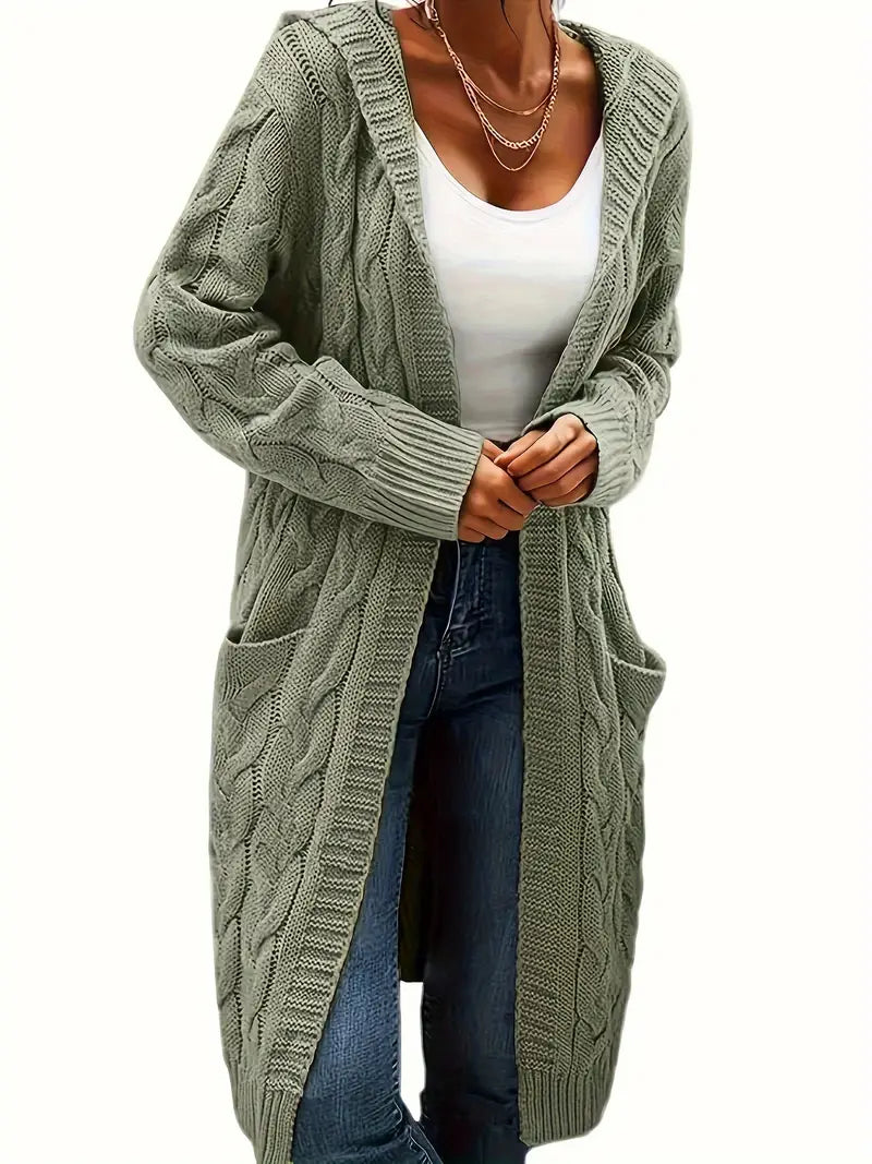 Mint green cable-knit long cardigan with deep open front and side slits