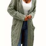 Mint green cable-knit long cardigan with deep open front and side slits
