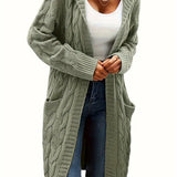 Mint green cable-knit long cardigan with deep open front and side slits