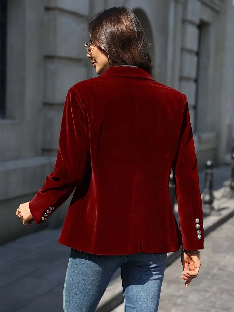 Red velvet blazer, long sleeves, single-breasted back view with decorative button cuffs