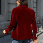 Red velvet blazer, long sleeves, single-breasted back view with decorative button cuffs