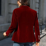 Red velvet blazer, long sleeves, single-breasted back view with decorative button cuffs