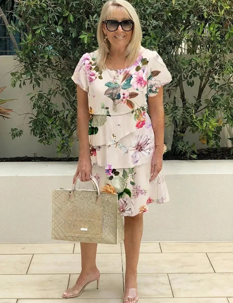 Emily™ tiered floral dress with short sleeves, scoop neck, and midi length