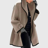 Maria™ beige fleece jacket with black trim, open front, long sleeves, button cuff