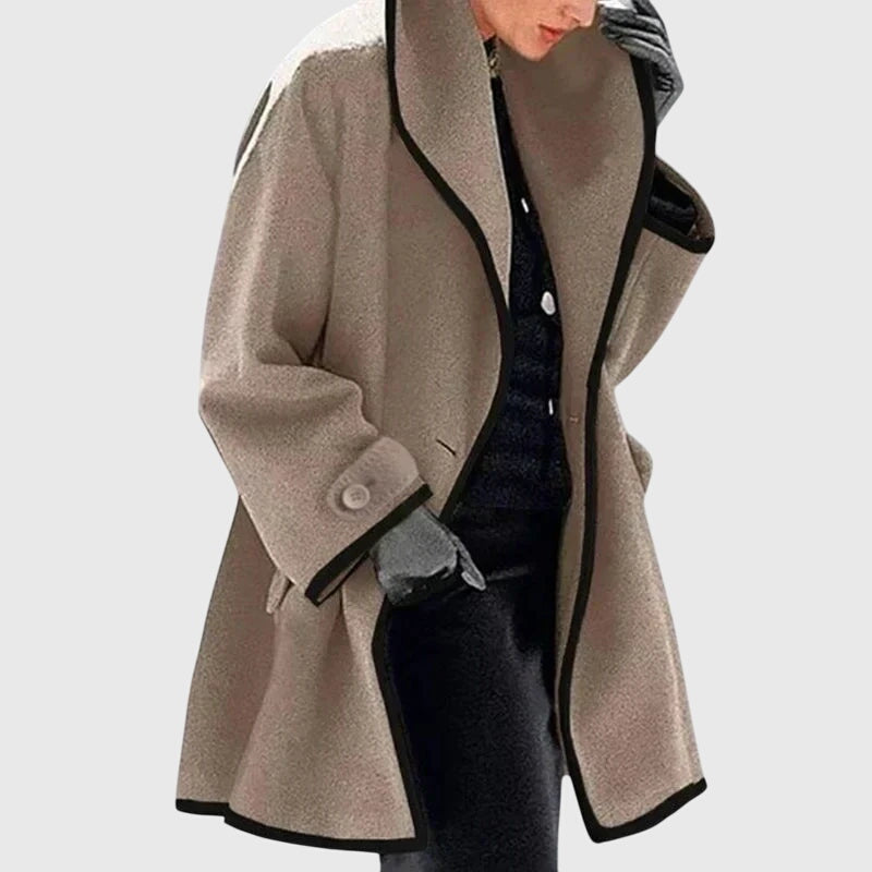 Maria™ beige fleece jacket with black trim, open front, long sleeves, button cuff