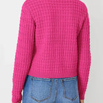 Pink textured knit cardigan, back view with long sleeves and ribbed hem