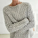 Womens crew-neck knit pullover, heather speckled texture, long sleeves, ribbed cuffs