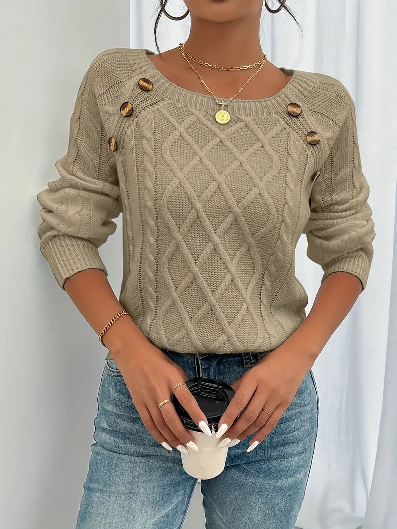 Cable-knit long-sleeve sweater, beige, round neck with decorative buttons on shoulders
