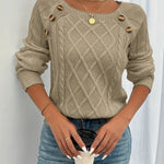 Cable-knit long-sleeve sweater, beige, round neck with decorative buttons on shoulders