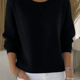 Relaxed vintage pullover, black crewneck knit sweater with long sleeves and dropped shoulders
