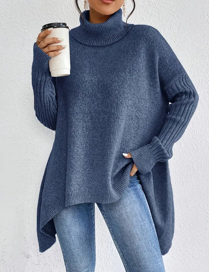 Long-sleeve turtleneck sweater in denim blue with ribbed cuffs and high collar