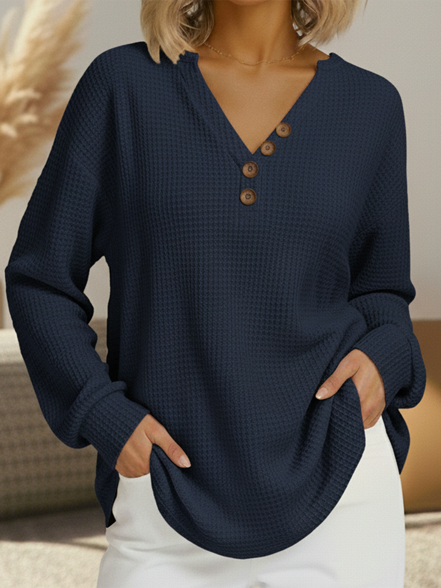 Signe™ soft henley sweater, navy textured knit, long sleeves, button V-neck