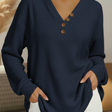 Signe™ soft henley sweater, navy textured knit, long sleeves, button V-neck