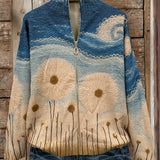 Women's quilted knit zipper jacket in blue and cream with daisy embroidery, front view