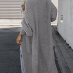 Gray long knit cardigan with open front, long sleeves, and side pockets