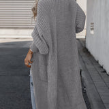 Gray long knit cardigan with open front, long sleeves, and side pockets