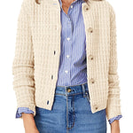 Cream button-front knit cardigan with open placket and ribbed trim, full front view