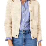 Cream button-front knit cardigan with open placket and ribbed trim, full front view