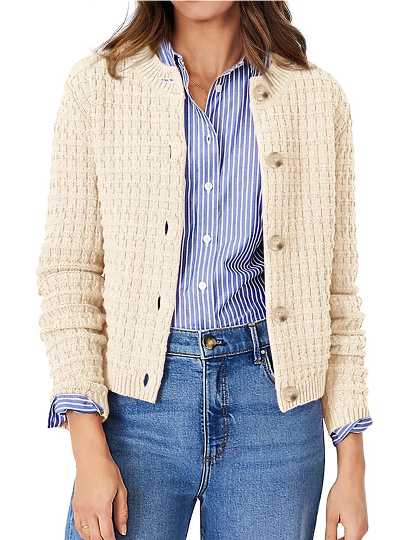 Cream button-front knit cardigan with open placket and ribbed trim, full front view