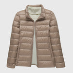 Ultralight puffer jacket with stand collar, beige-brown, full front zip