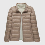Ultralight puffer jacket with stand collar, beige-brown, full front zip