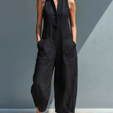 Minimalistischer Damen-Jumpsuit mit Stehkragen, Knopfleiste und lässiger, lockerer Passform