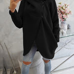 Black zip-up hoodie with hood, front pocket, and center black zipper