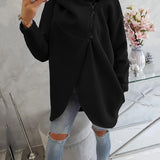 Black zip-up hoodie with hood, front pocket, and center black zipper