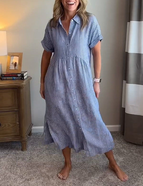 Blue striped midi shirt dress with short sleeves, button front, and gathered waist