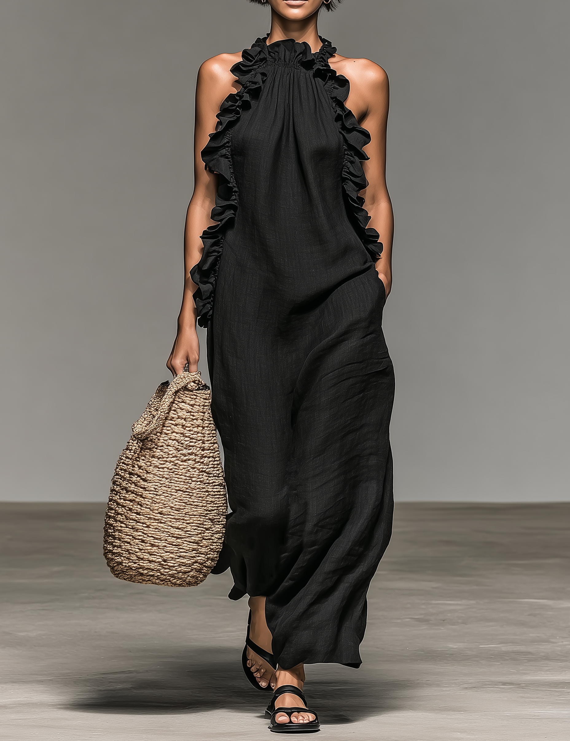 Black sleeveless maxi dress with high ruffle neck and tiered ruffle trim