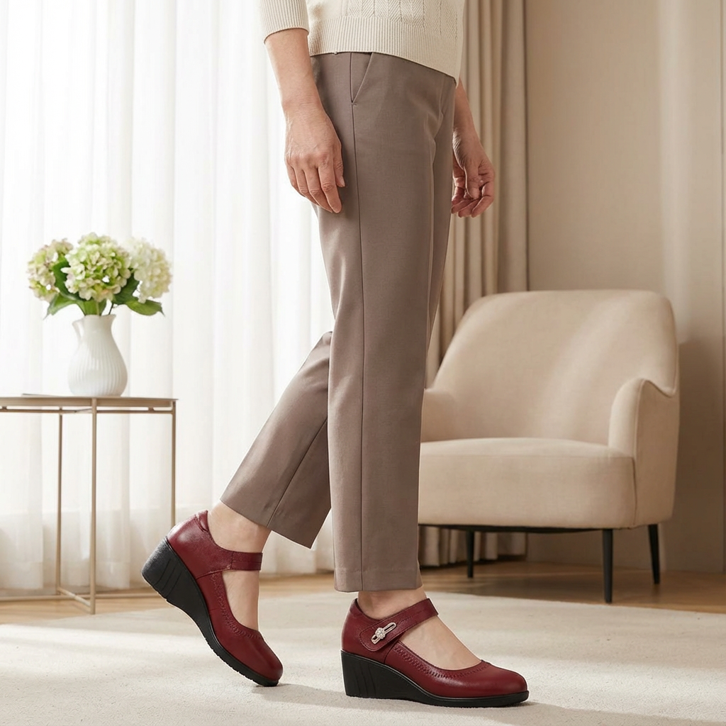 Women's red wedge Mary Jane shoes with ankle strap and decorative buckle detail